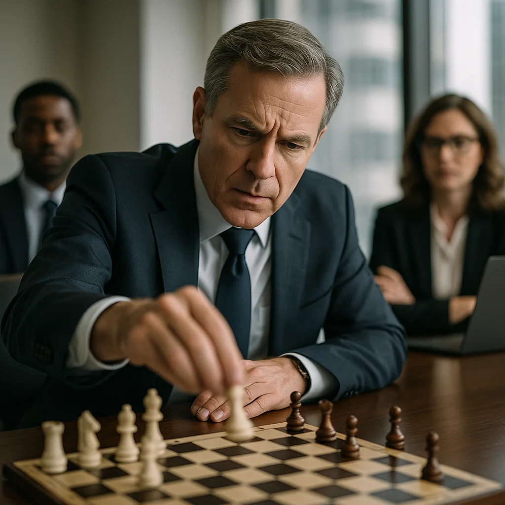 A middle-aged man in a dark suit and blue tie leans forward intensely to move a white chess piece on a wooden board, while two colleagues watch from the background in a corporate office setting.