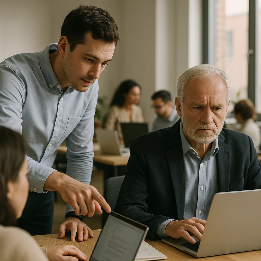 A young man in a light blue shirt leans over a wooden desk pointing at a laptop screen while an older gray-haired man in a dark blazer looks on intently, in a busy open-plan office background.