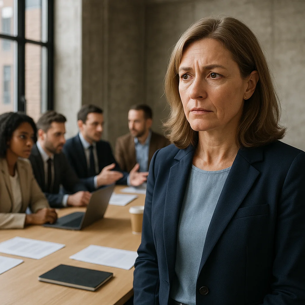A middle-aged woman in a navy blazer stands in sharp focus at a conference table, her expression serious and slightly troubled, while four colleagues in business attire converse in soft focus behind her amid laptops, papers, and a coffee cup.