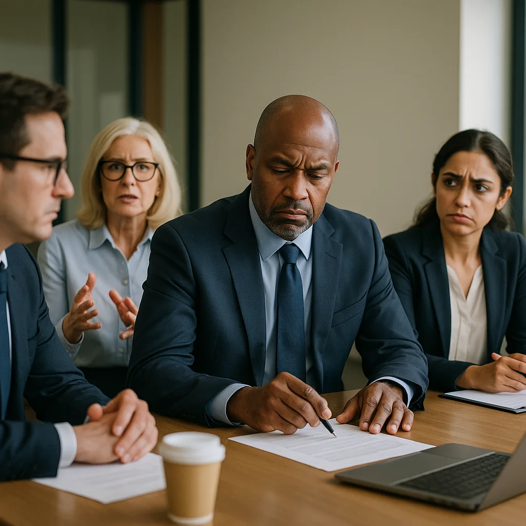 Four professionals in business attire sit at a conference table, the central bald Black man in a navy suit looks down at documents with a furrowed brow while a white man gestures argumentatively to his left, a blonde woman in glasses looks concerned in the background, and a dark-haired woman in a blazer glances sideways with a worried expression.