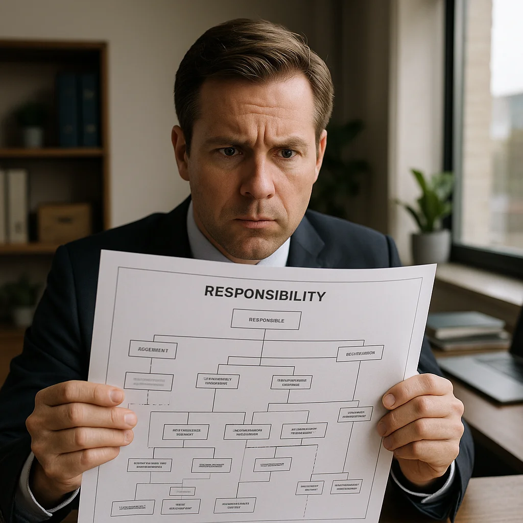 A stern-faced man in a dark suit holds up a white document titled 'RESPONSIBILITY' showing a hierarchical flowchart, photographed in an office setting.