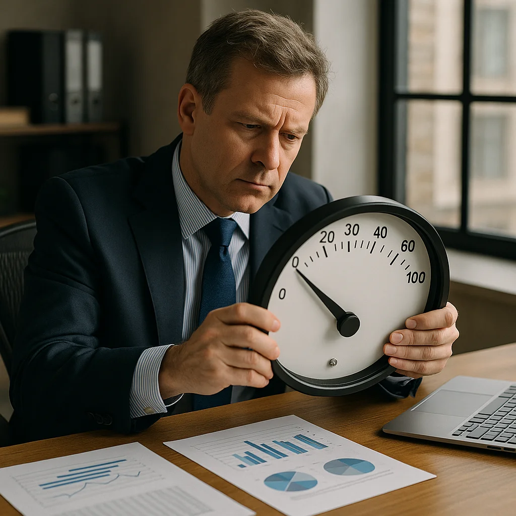 A middle-aged man in a dark suit and blue tie sits at a wooden desk holding a large circular gauge showing numbers 0–100, with printed bar and pie charts in the foreground and a laptop to the right.