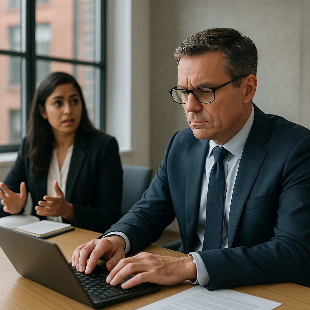A middle-aged man in a navy suit and glasses types on a laptop at a conference table while a young woman in a blazer gestures expressively behind him, appearing to be ignored.