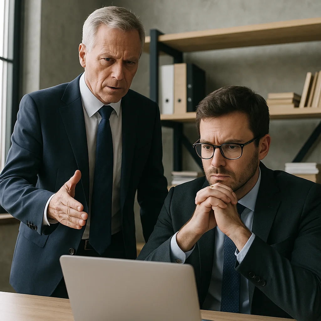 An older silver-haired man in a dark suit gestures toward a laptop while standing over a younger bespectacled man in a suit who sits with hands clasped, both looking at the screen with serious expressions in a modern office setting with shelving behind them.