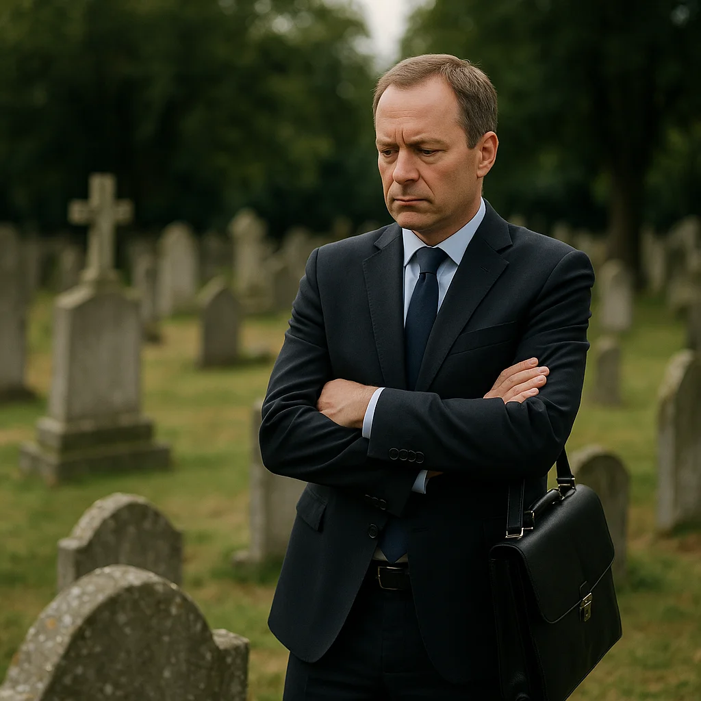 A middle-aged man in a dark navy suit with arms crossed and a black briefcase hangs from his arm, standing with a downward gaze among weathered gravestones and crosses in a green cemetery.