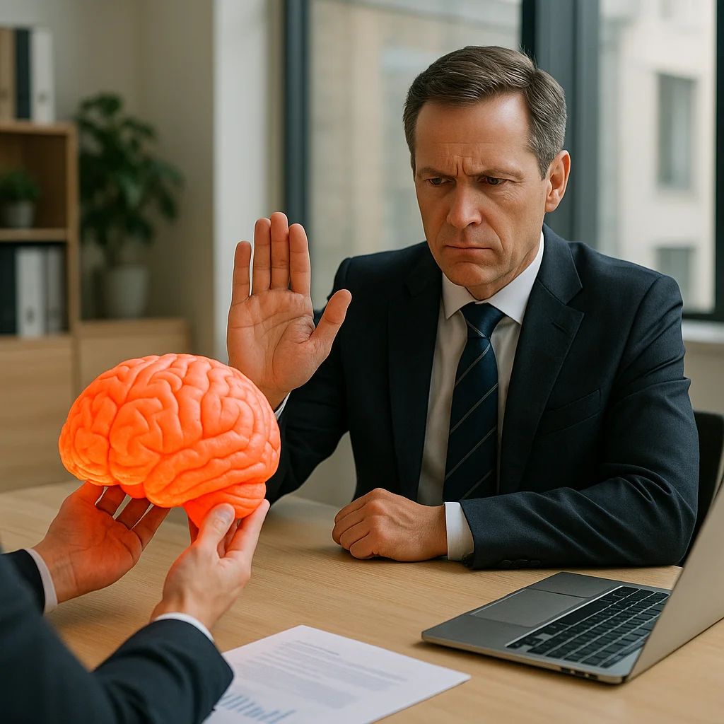 A middle-aged man in a dark navy suit and striped tie sits at a wooden desk with a laptop, raising one palm outward in a rejection gesture toward an orange anatomical brain model being held out to him by another person's hands in the foreground, in a modern office with large windows and shelving behind him.