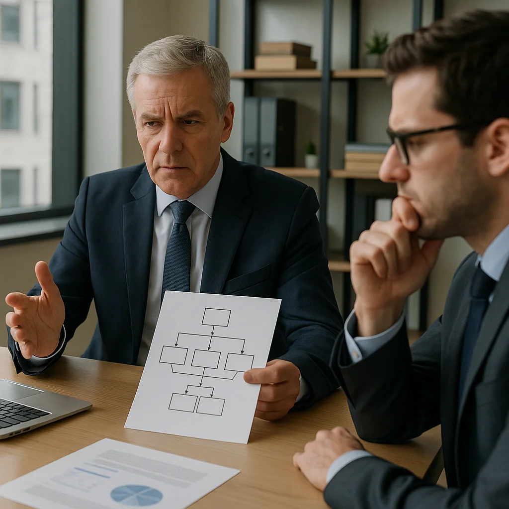 A silver-haired older man in a dark navy suit holds up a white paper showing a hierarchical flowchart with boxes and arrows while gesturing with his other hand, seated across from a younger bespectacled man in a suit who rests his chin on his fist in a contemplative pose, at a wooden desk with a laptop and printed chart visible, in a modern office with shelving in the background.