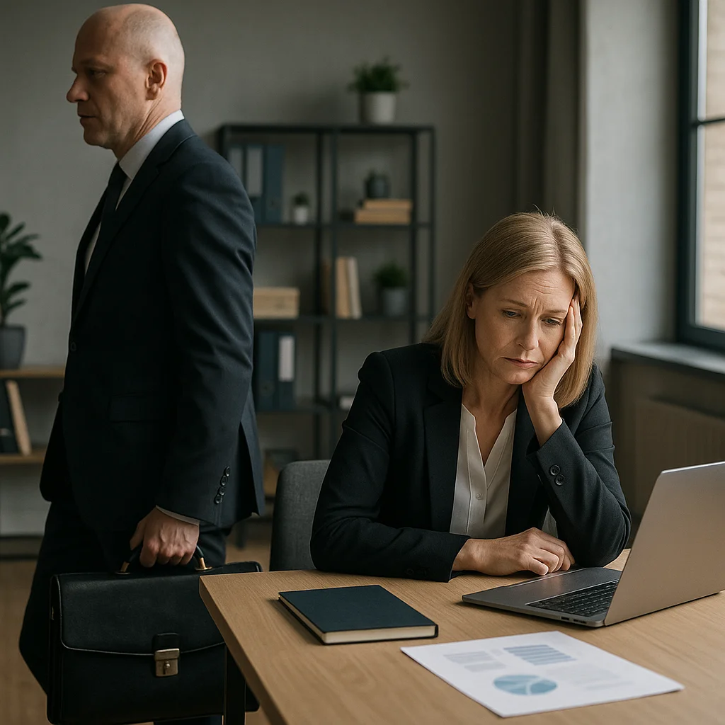 A bald man in a dark navy suit carrying a briefcase walks away from the camera while a blonde woman in a black blazer sits at a wooden desk, resting her head on one hand with a troubled expression while looking at an open laptop, with printed charts and a notebook on the desk, in a modern office with shelving and a window in the background.