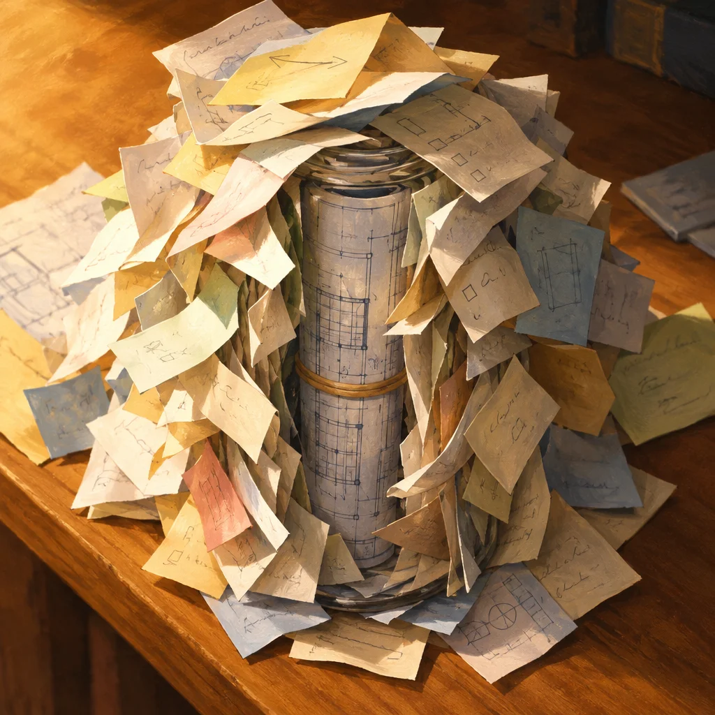 A rolled architectural blueprint secured with a rubber band sits upright on a wooden table and is almost entirely engulfed by dozens of colorful handwritten notes and loose paper scraps layered around and above it, with additional papers scattered on the table surface.