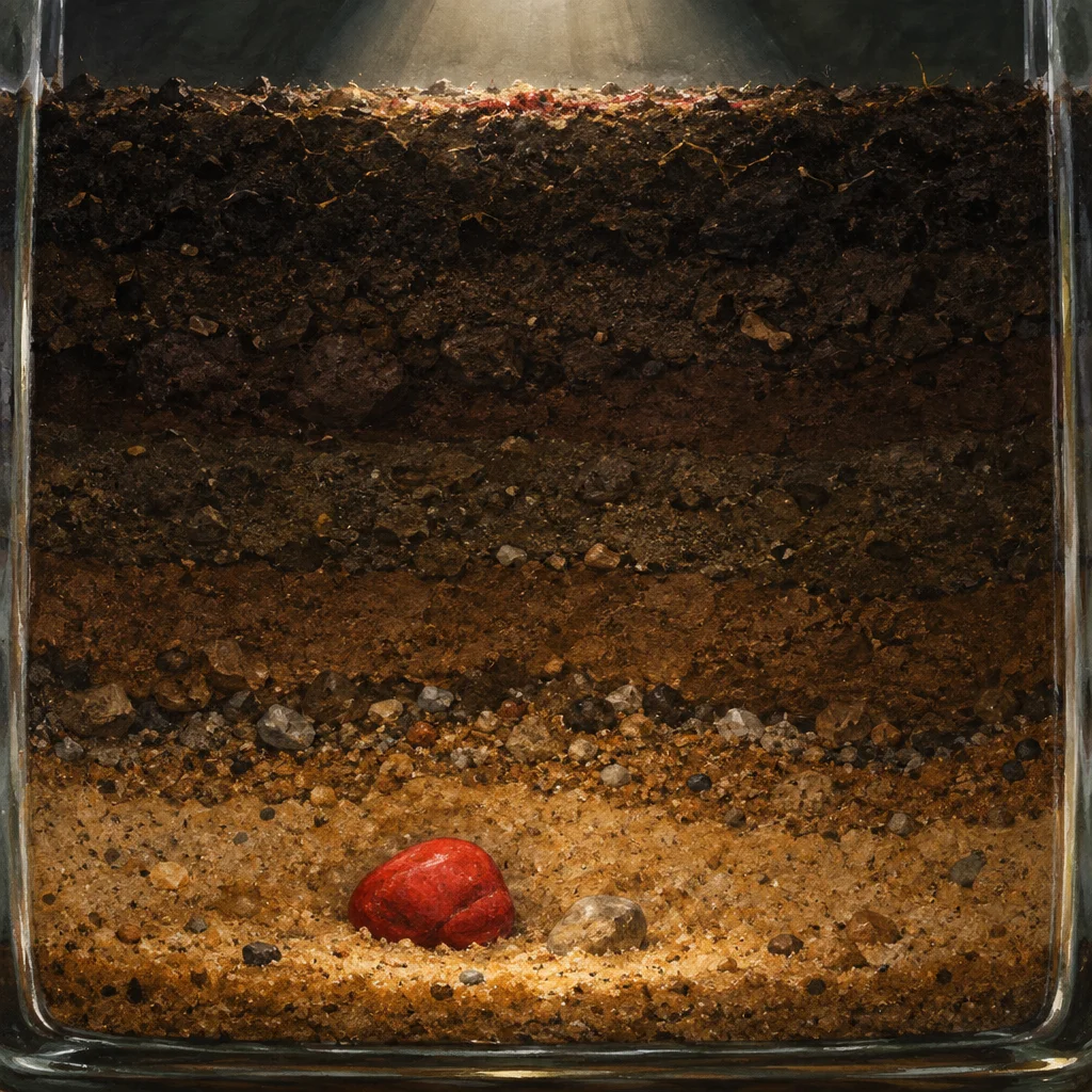 A glass-walled container holds a vertical cross-section of distinct soil strata ranging from dark organic topsoil through progressively lighter sandy layers, with a single red object resting at the bottom beneath a gravel band, illuminated by a narrow shaft of light that penetrates only the top surface.