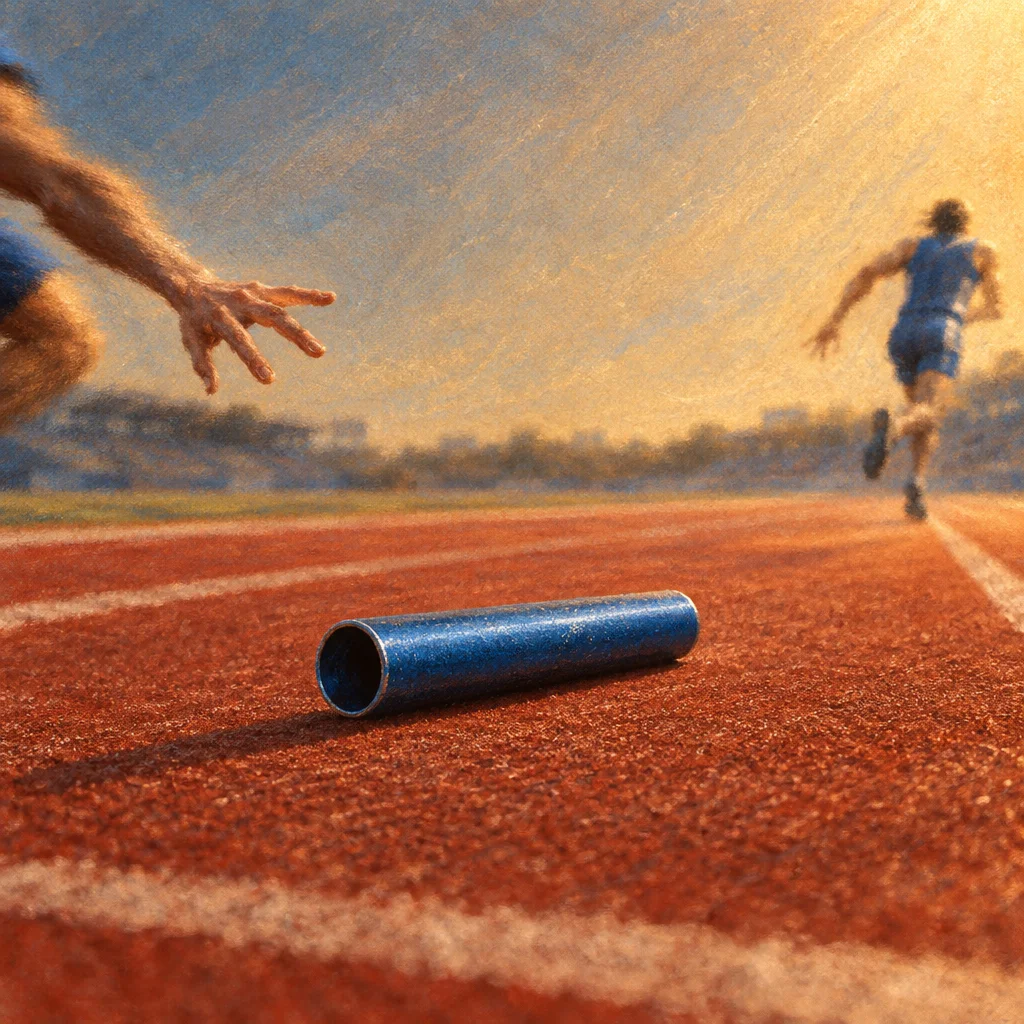 A blue metallic relay baton lies on a red running track between a blurred outstretched hand reaching from the left and a blue-uniformed runner sprinting away in the distance under warm golden light.
