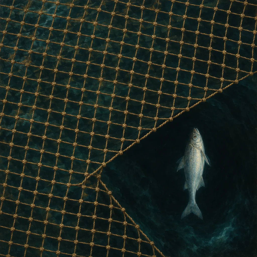 A tan knotted fishing net stretches diagonally across dark teal water occupying most of the frame, with a curved opening in the lower right through which a single silver fish is visible swimming freely in the dark gap beneath the net.