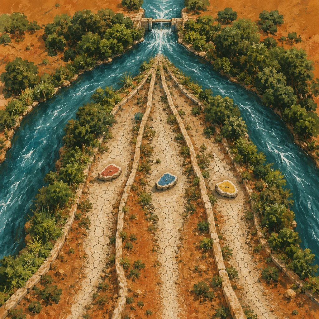 An aerial illustrated view of a symmetrical irrigation system in an arid landscape shows two wide rushing turquoise canals curving outward from a stone sluice gate at the top, flanking a central zone of cracked dry earth divided by low stone ridges into three narrow lanes, each containing one small colored stone marker in red, blue, and yellow.