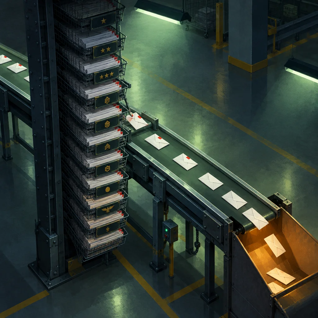 A dimly lit industrial facility shows a tall column of stacked dark green wire trays bearing gold military rank insignia, each holding bundled documents with red tabs, feeding white envelopes one by one onto a long green conveyor belt that deposits them into a glowing amber chute at the far end.