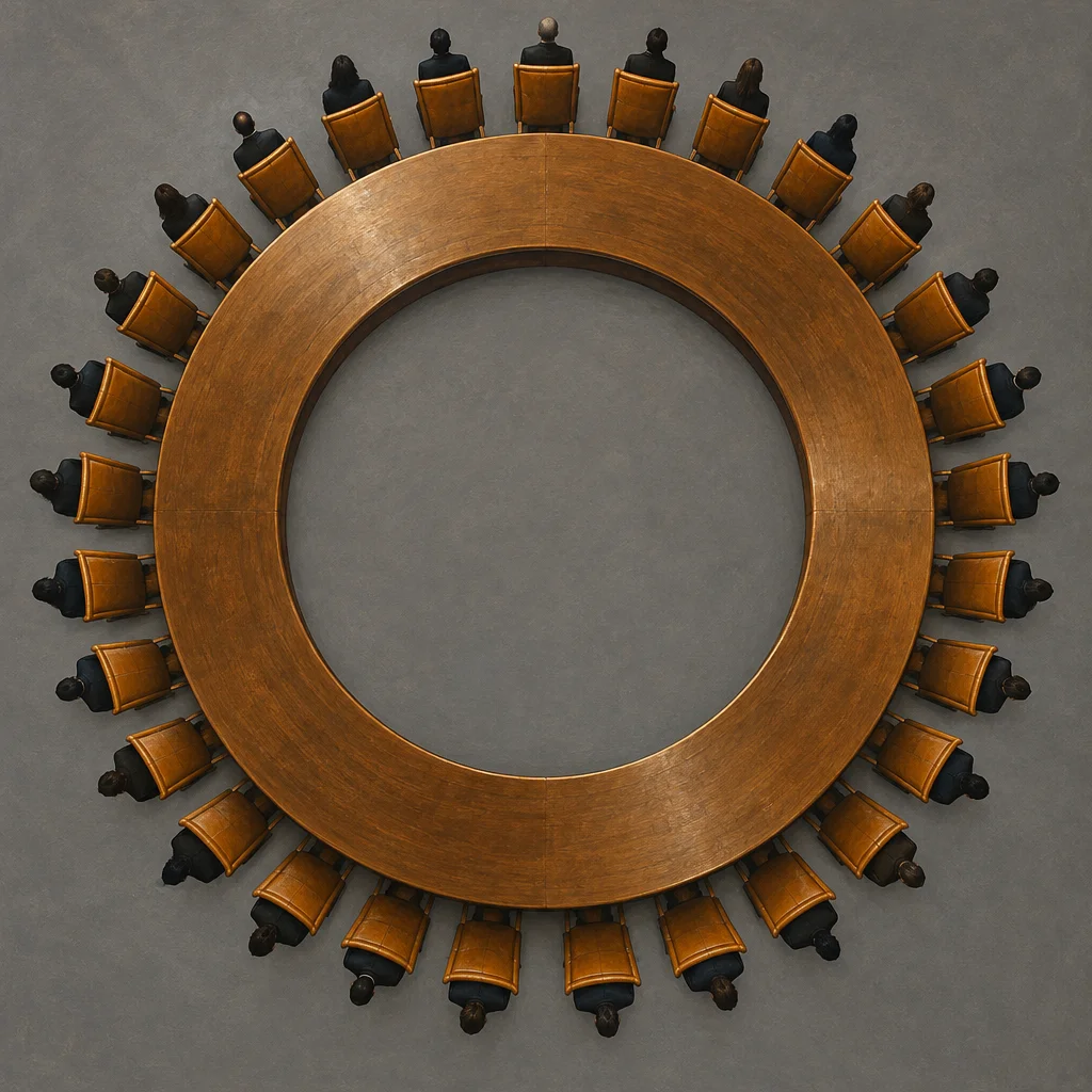 An aerial view of a large circular wooden ring table with a hollow center, surrounded by approximately 30 people seated in tan upholstered chairs all facing outward away from the table, viewed from directly above against a gray floor.