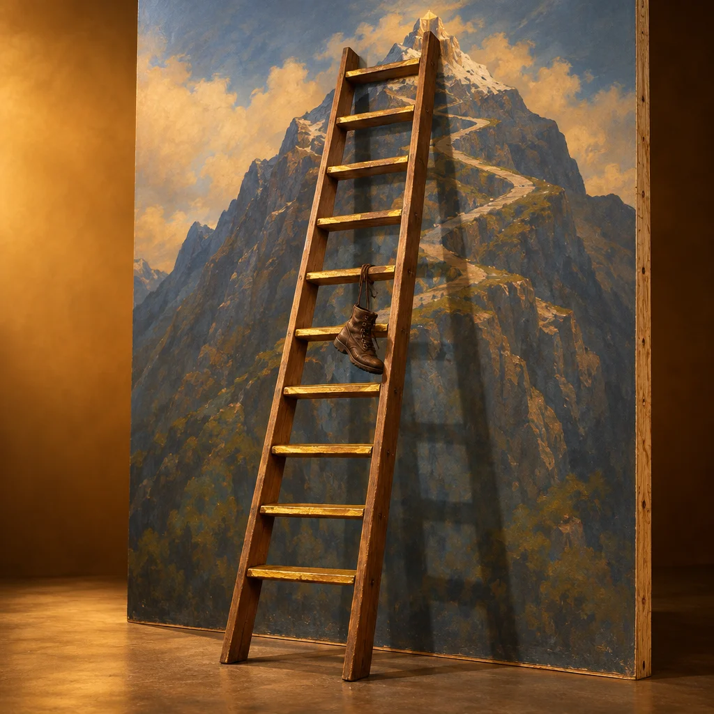 A tall wooden ladder leans against a large painted canvas depicting a winding mountain path leading to a snow-capped summit, with a pair of worn leather hiking boots hanging by their laces from one of the middle rungs, set against a warm amber studio floor and wall.