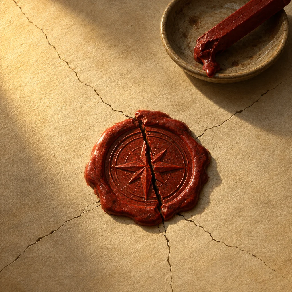 A large dark red wax seal embossed with a compass rose is cracked vertically down its center and sits on aged tan parchment covered in radiating surface cracks, with a ceramic dish holding a partially melted red wax stick visible in the upper right corner.