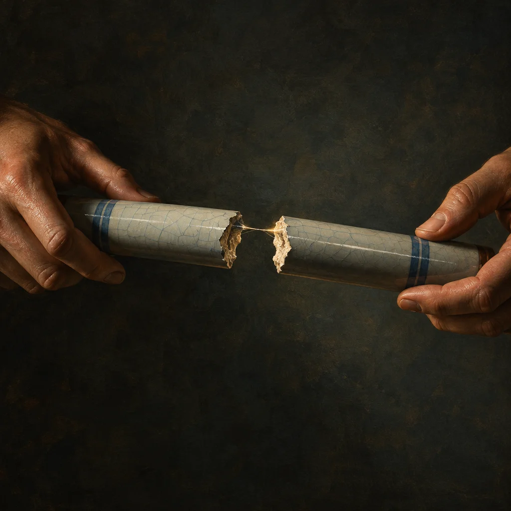Two pairs of hands pull opposite ends of a gray ceramic-looking cylindrical tube that has split apart at its center, leaving a ragged torn gap with a single luminous thread of material still connecting the two broken halves against a dark mottled background.