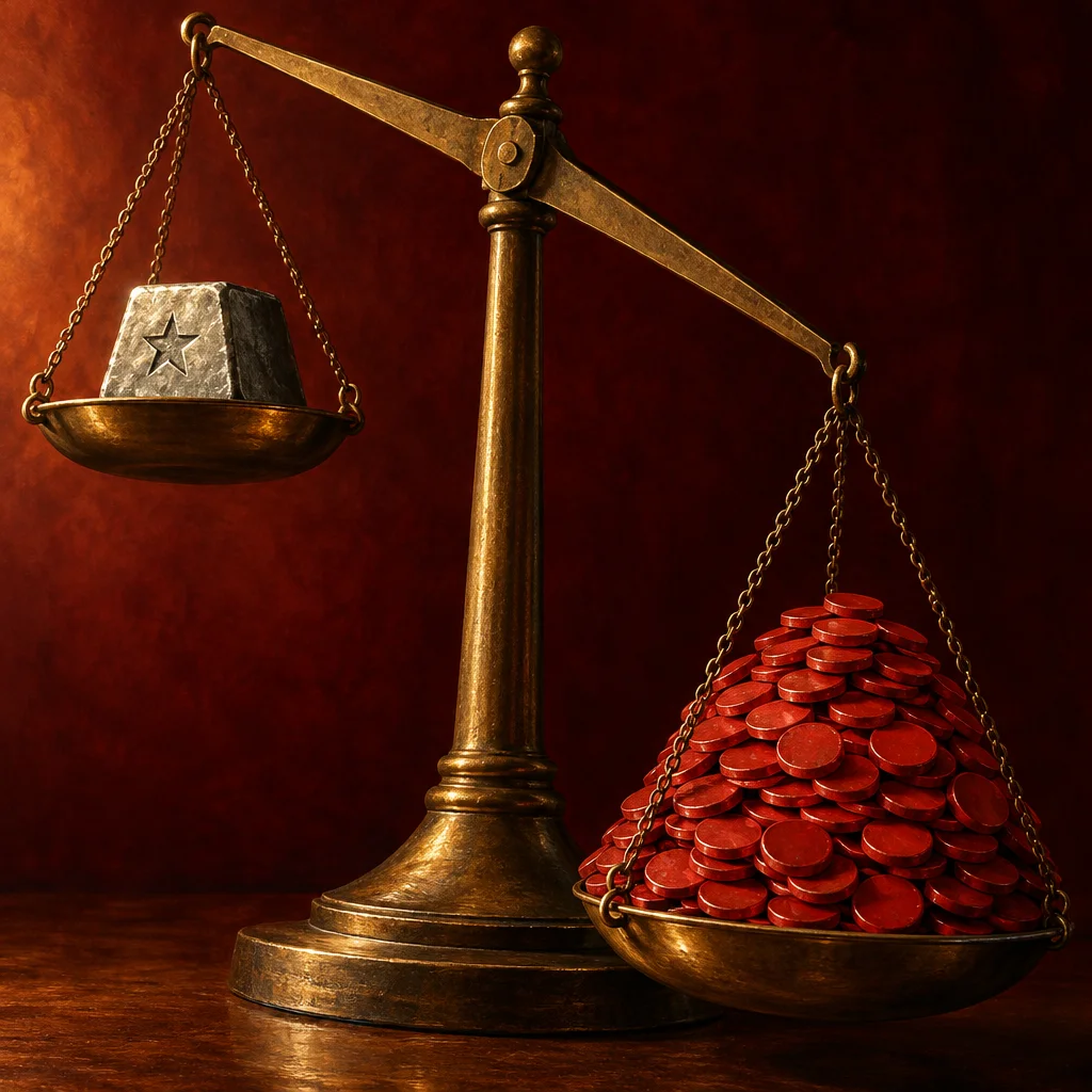 A brass balance scale tilts sharply downward on the right side under a large conical mound of dark red coins, while the left pan rises high holding a single silver ingot embossed with a five-pointed star, all set against a deep red-brown background.
