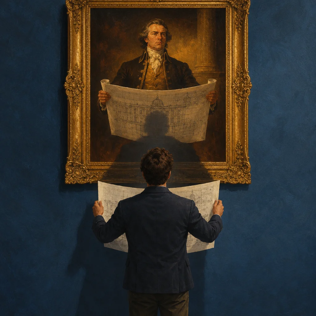 A man in a dark suit stands with his back to the viewer holding open a large architectural blueprint in front of a gilt-framed oil portrait of an 18th-century figure who holds an identical blueprint depicting a domed neoclassical building, mounted on a deep blue wall.