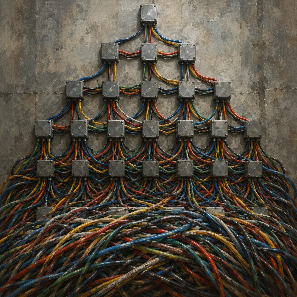 A symmetrical pyramid of gray metal junction boxes mounted on a weathered concrete wall, connected by dense bundles of multicolored cables that multiply and tangle with each descending row until they collapse into an unstructured mass of intertwined wires at the bottom.