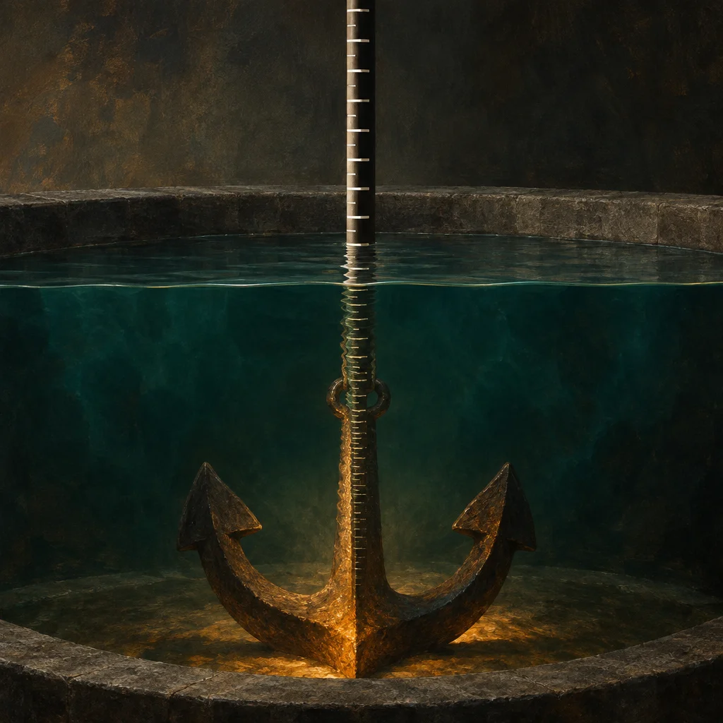 A vertical graduated measuring rod extends from above the waterline down through clear teal water in a circular stone basin to a large corroded iron anchor resting on the illuminated stone floor below.