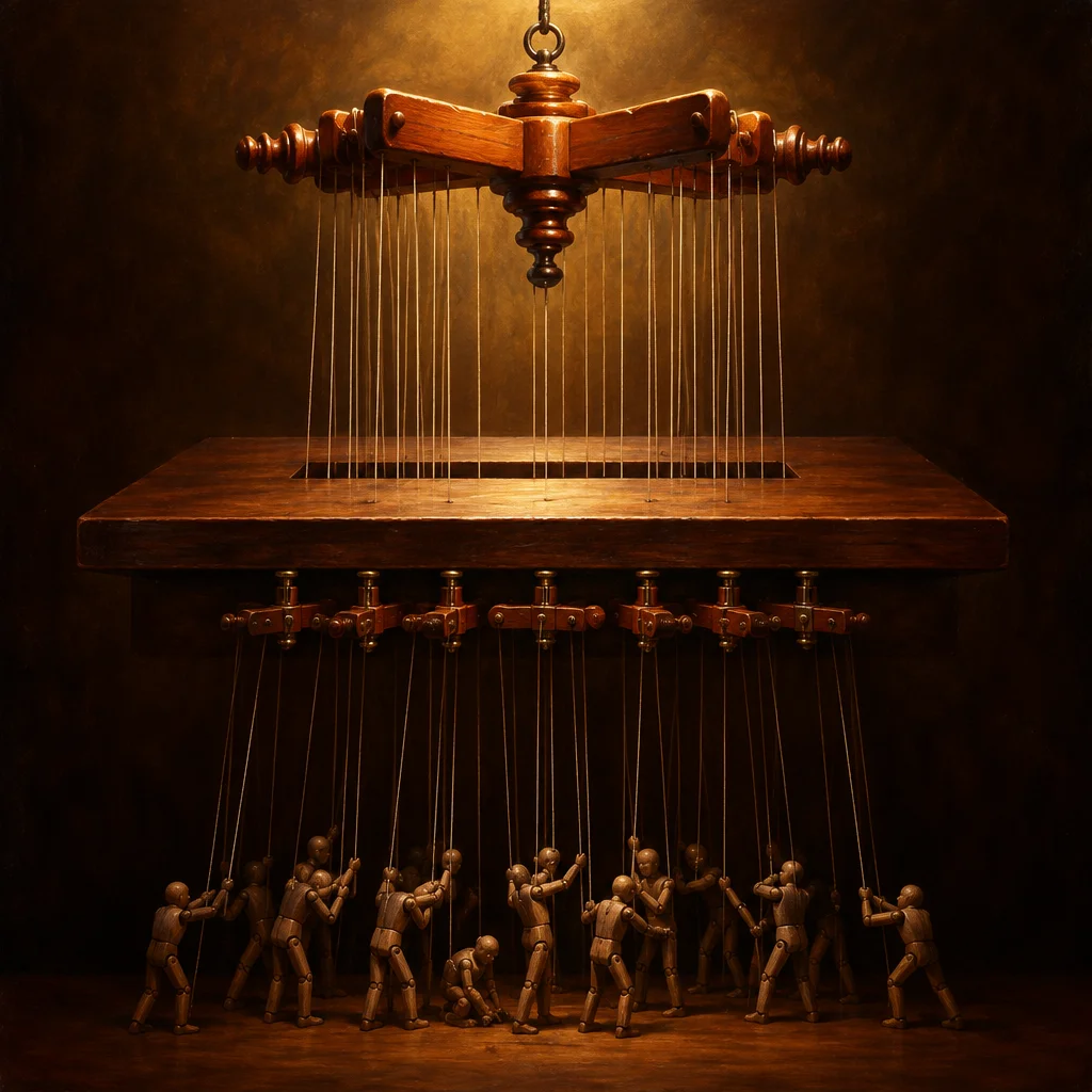 A large ornate wooden marionette control bar hangs from a ceiling hook by a single ring, its many strings passing down through holes in a suspended wooden platform where a row of smaller brass-fitted control bars each hold additional strings that descend to approximately a dozen wooden articulated mannequin figures straining and pulling at the strings from the floor below, all lit in warm amber against a dark brown background.