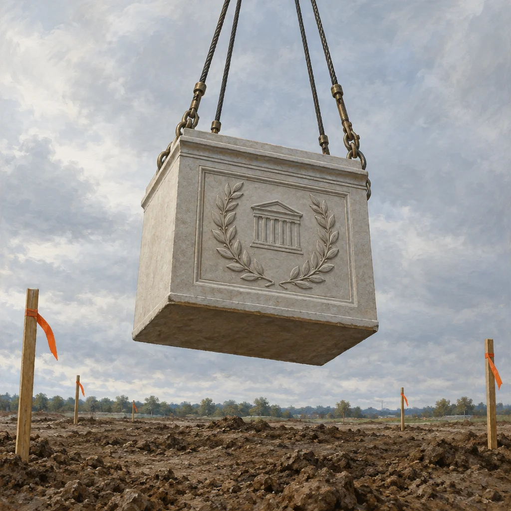 A large marble cube engraved with a neoclassical temple within a laurel wreath hangs from two crane cables above a field of rough broken soil marked by wooden stakes with orange survey ribbons, under an overcast sky.