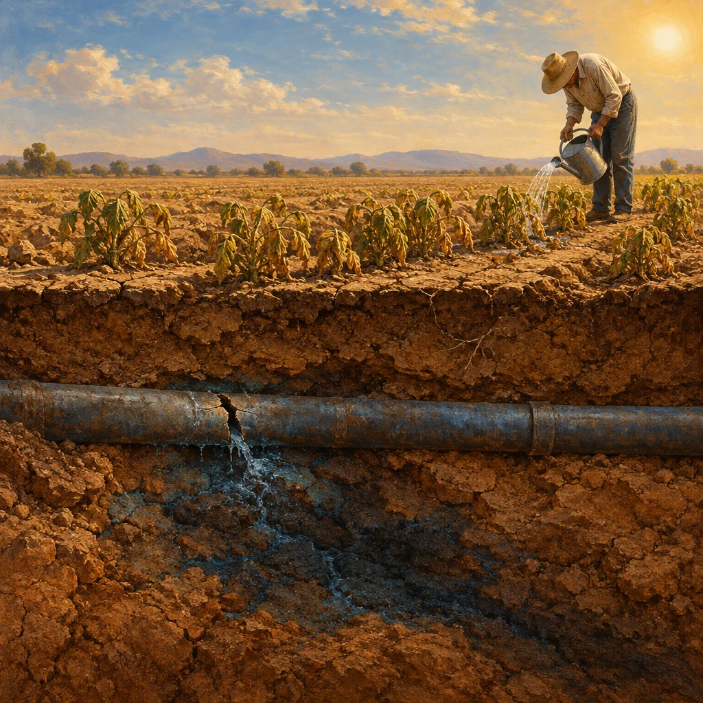 A split cross-section view shows a farmer in a straw hat bending over rows of wilting yellow-green crops in cracked dry earth under a bright sun while below ground a large corroded pipe leaks a steady stream of blue water into the parched subsoil.
