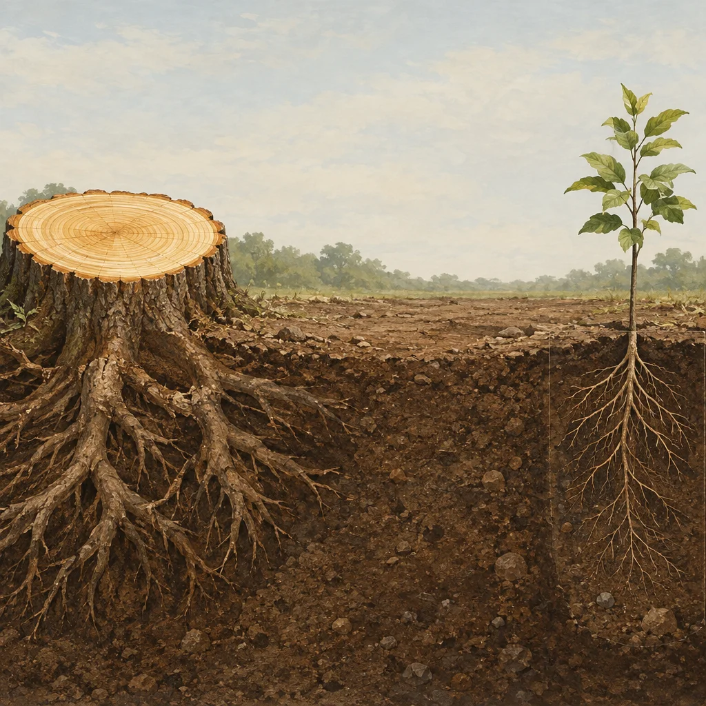 A cross-section landscape shows a large tree stump on the left with an extensive deep root network spreading underground, while a small leafy sapling on the right has only shallow, sparse roots in the same soil, with a cleared field and distant treeline visible above ground.