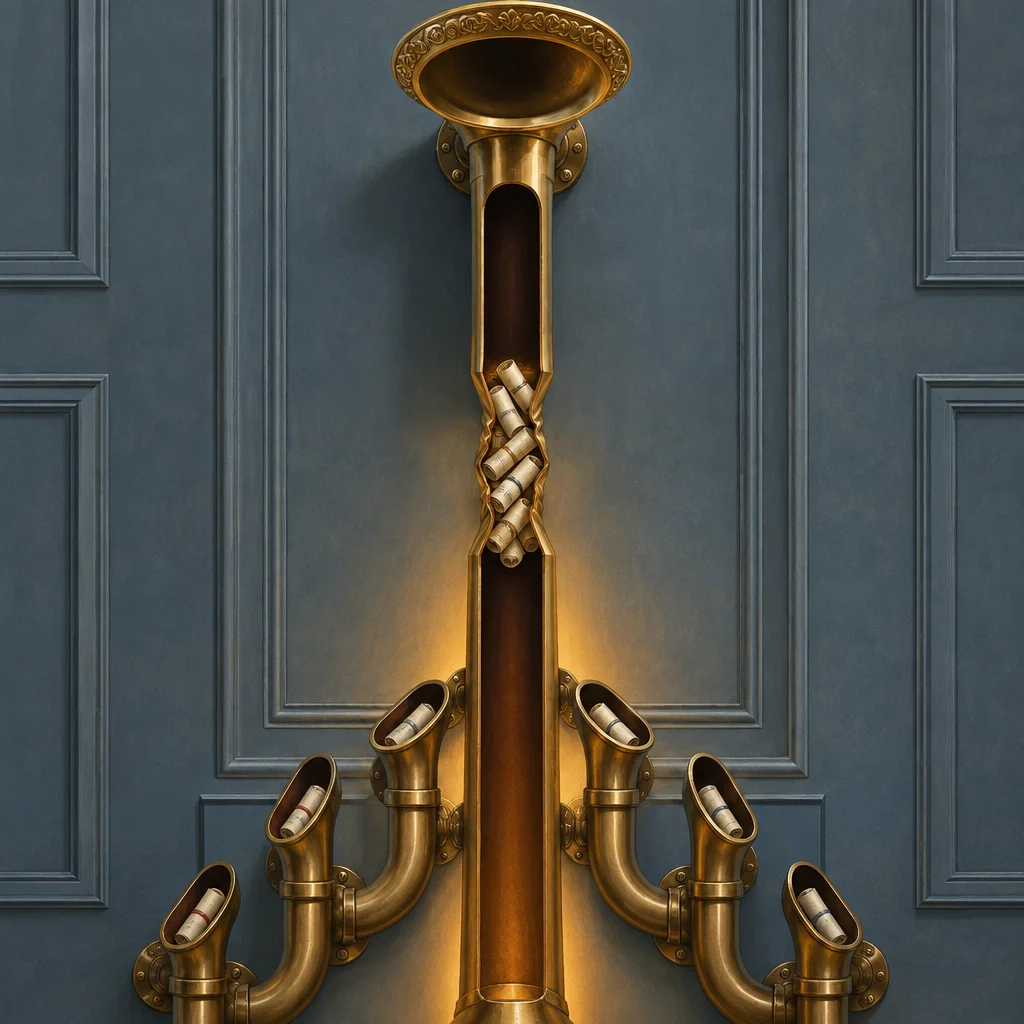 A tall ornate brass funnel mounted on a blue-gray paneled wall narrows into a vertical shaft whose cutaway reveals a dense woven knot of small rolled scrolls at the constriction point, below which four curved brass pipes branch outward and downward, each ending in a small oval opening containing a single rolled document, against a muted blue-gray wainscoted background.