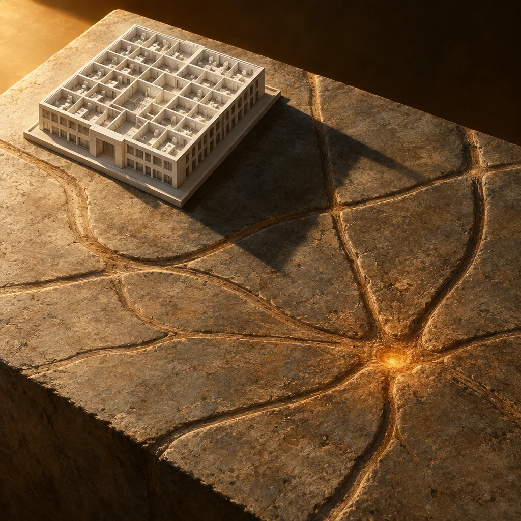 A white architectural scale model of a multi-story office building with visible internal room divisions sits on the upper corner of a large rough stone block whose surface is etched with deep grooved lines radiating from a glowing central node, resembling a neuron or root network, lit by warm golden side light.
