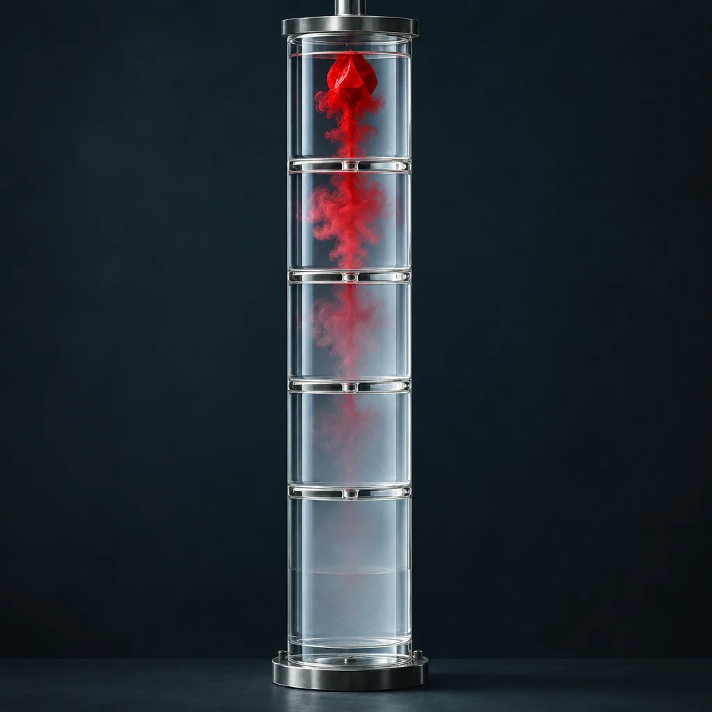 A tall vertical transparent cylinder divided into five stacked sections by metal rings, containing a concentrated red crystalline form at the top that dissolves into swirling red smoke which progressively diffuses and fades to near-invisible wisps in the lower chambers.
