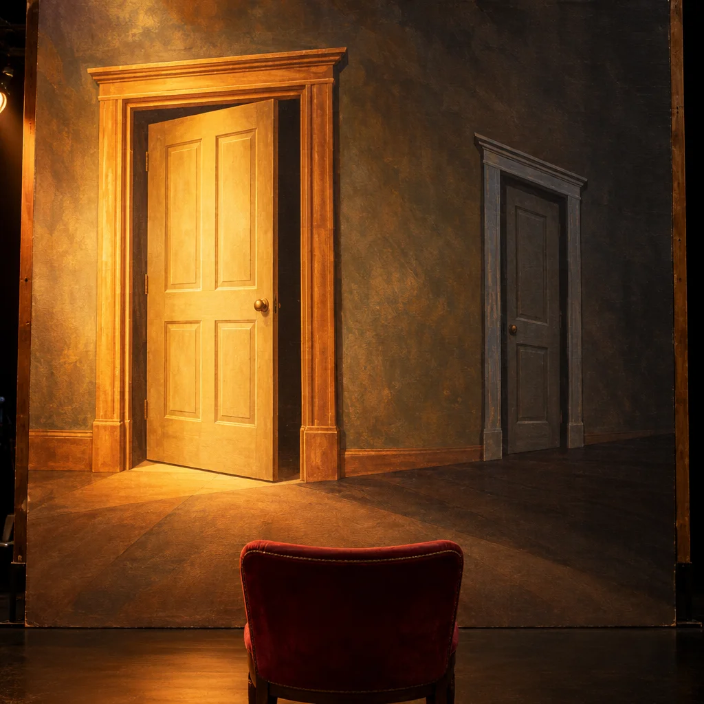 A red upholstered chair faces a painted theatrical flat showing two doors of unequal size and lighting, the large left door glowing warm golden and slightly ajar, the smaller right door dark and receding into shadow on a textured brown wall.