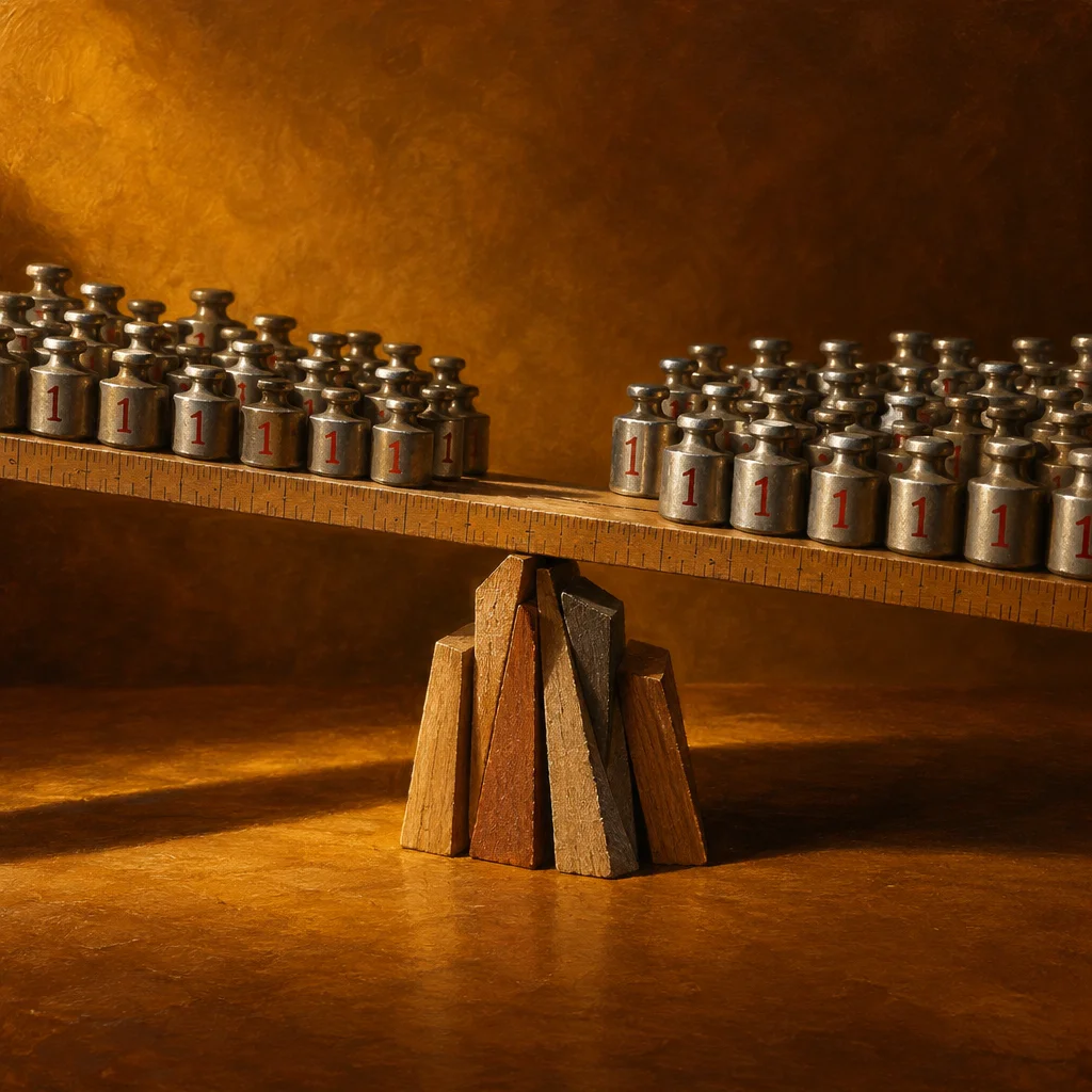 A wooden ruler acting as a balance beam rests tilted on a cluster of wooden wedge blocks, with rows of identical silver calibration weights marked 1 crowding both sides against a warm golden-brown background.