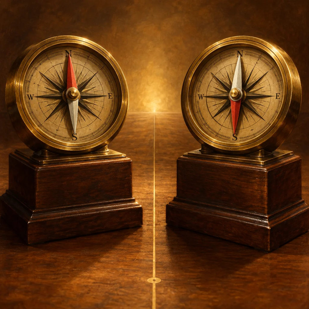 Two identical antique brass compasses mounted on dark wood pedestals face each other on a wooden surface, separated by a thin glowing line, with the left compass needle pointing upper-left and the right compass needle pointing upper-right, set against a warm amber background.