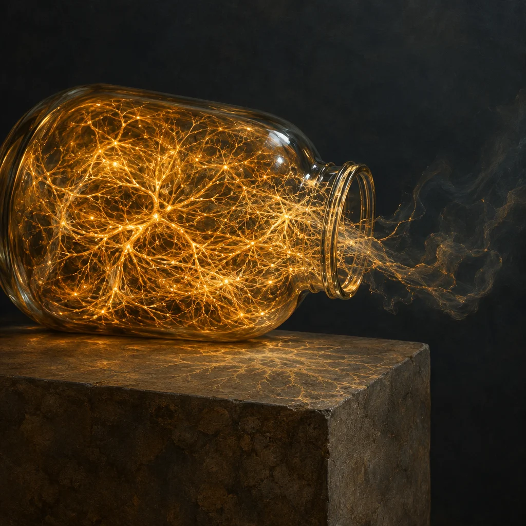 A large clear glass jar lies on its side on a rough stone plinth, its interior filled with a dense luminous golden network of branching filaments and nodes, which flow out through the open mouth and dissolve into faint wispy smoke against a dark background.
