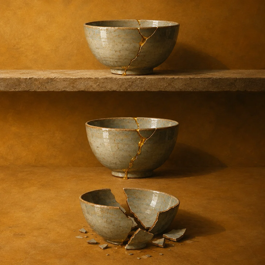 Three identical ceramic bowls arranged on descending stone steps, the topmost fully restored with golden kintsugi seams, the middle mid-repair with gold still liquid in its cracks, and the bottom freshly shattered into large fragments on the floor below.