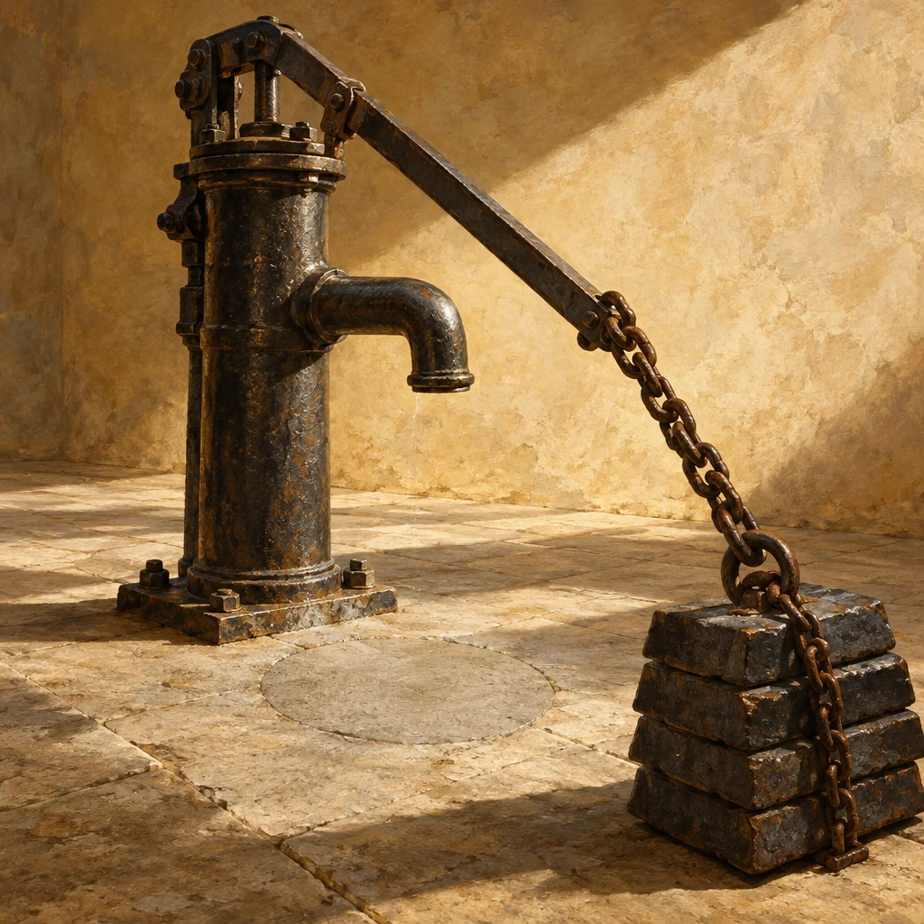 A heavy rusted cast-iron hand pump bolted to a stone floor has its long lever handle chained down to a stack of dark iron ingots resting on the flagstones beside it, rendering the pump inoperable, against a warm ochre plaster wall.