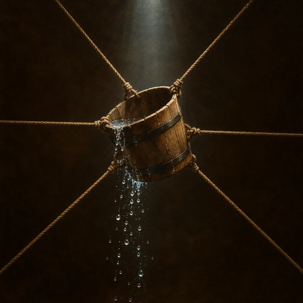 A wooden stave bucket bound by multiple ropes stretching outward in four directions from a dark void is tilted sideways so that water pours and drips from its open mouth, illuminated by a single beam of light from above.