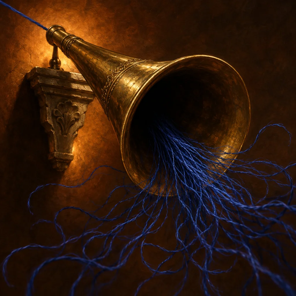 An ornate brass megaphone fixed to a carved stone wall bracket points outward and downward, with a dense tangle of blue yarn or thread spilling from its wide bell and pooling loosely on the ground below, all lit by warm amber light against a dark textured wall.