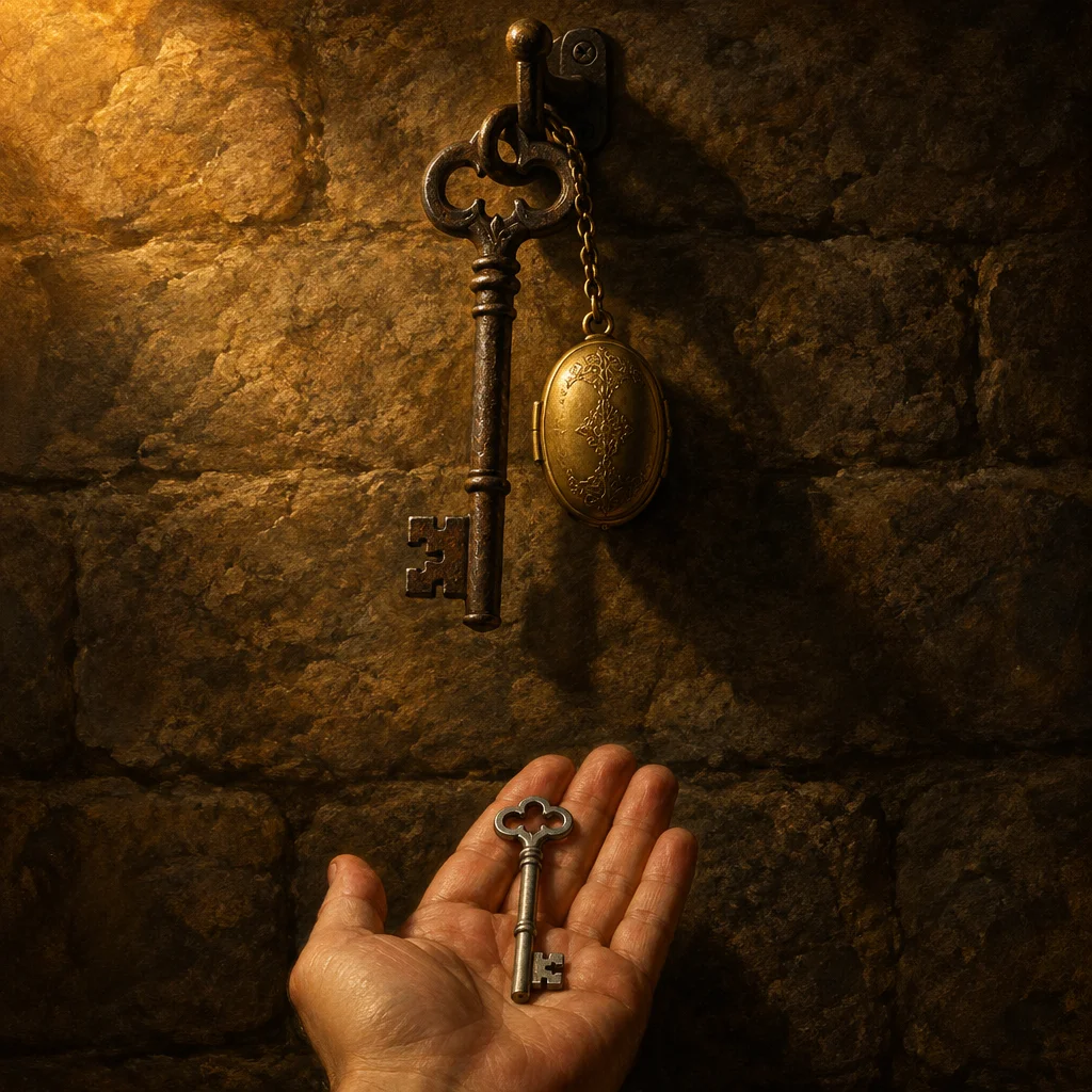 A hand open-palmed below holds a small plain skeleton key, while above it on a stone wall hook hangs a large ornate iron skeleton key chained to a decorative gold locket, both keys sharing the same cross-shaped bit profile but vastly different in scale and accompanying context.