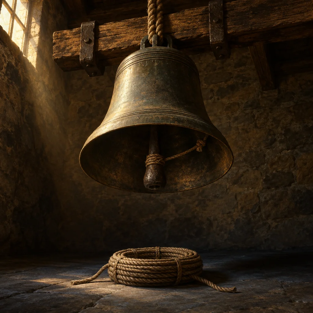 A large aged bronze bell hangs from a heavy wooden beam by a rope attached to its crown, its iron clapper tied with a short cord, while a separate coil of thick rope lies unconnected on the stone floor directly below it in a dim stone chamber lit by a single shaft of window light.