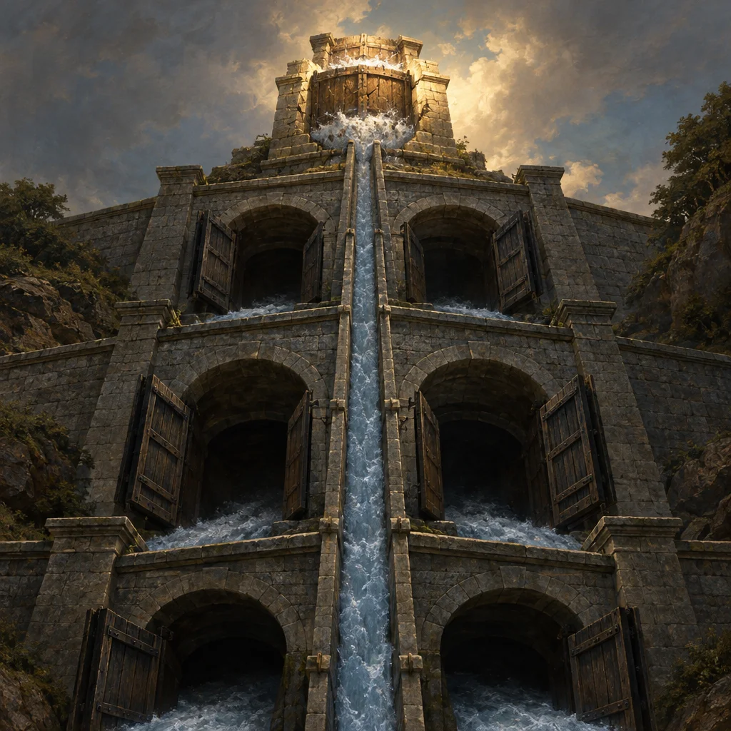 A massive multi-tiered circular stone fortress built into a cliff face channels a rushing torrent of white water up a central vertical flume through three ascending levels of arched openings with wooden shuttered windows toward a glowing cylindrical tower at the summit under a dramatic clouded sky.