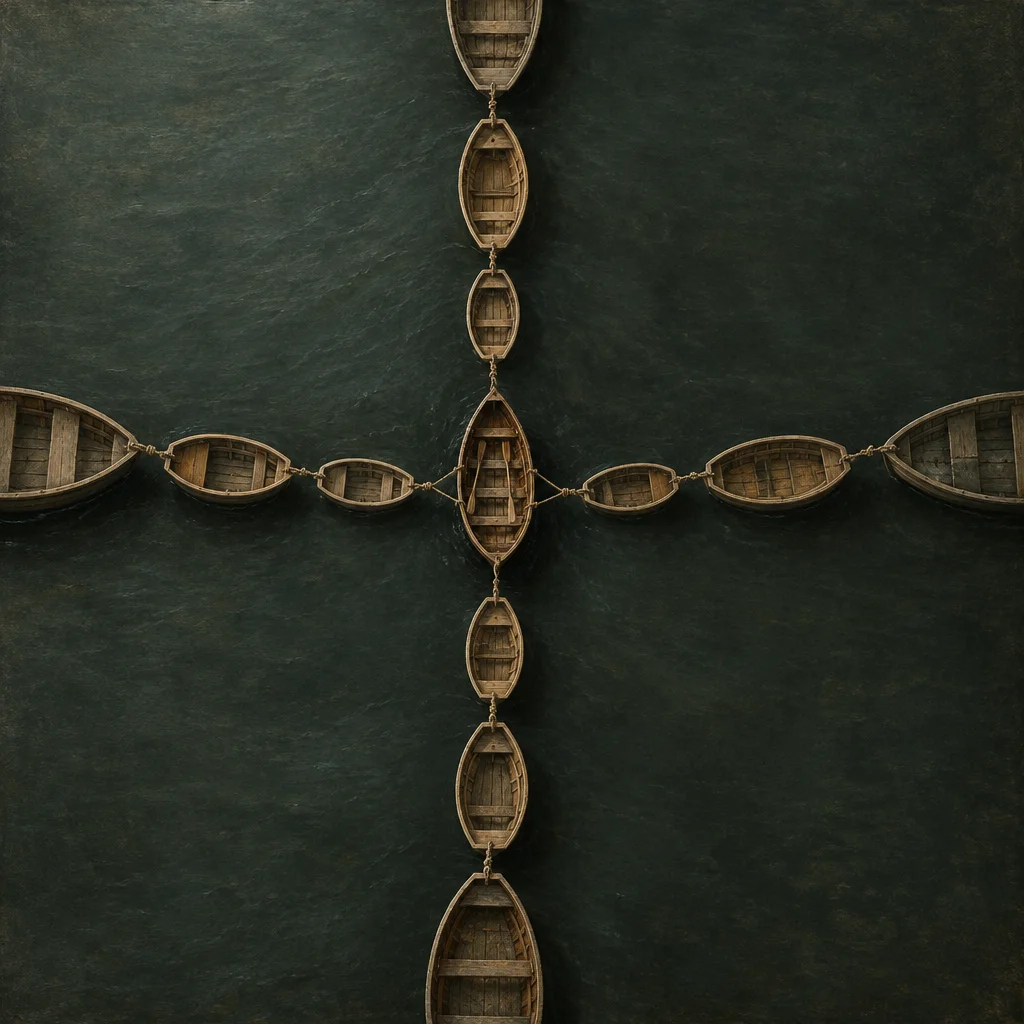 Aerial view of wooden rowboats linked bow-to-stern by ropes forming a cross shape on dark green water, with one central boat anchoring four radiating chains of three to four boats each extending toward the image edges.