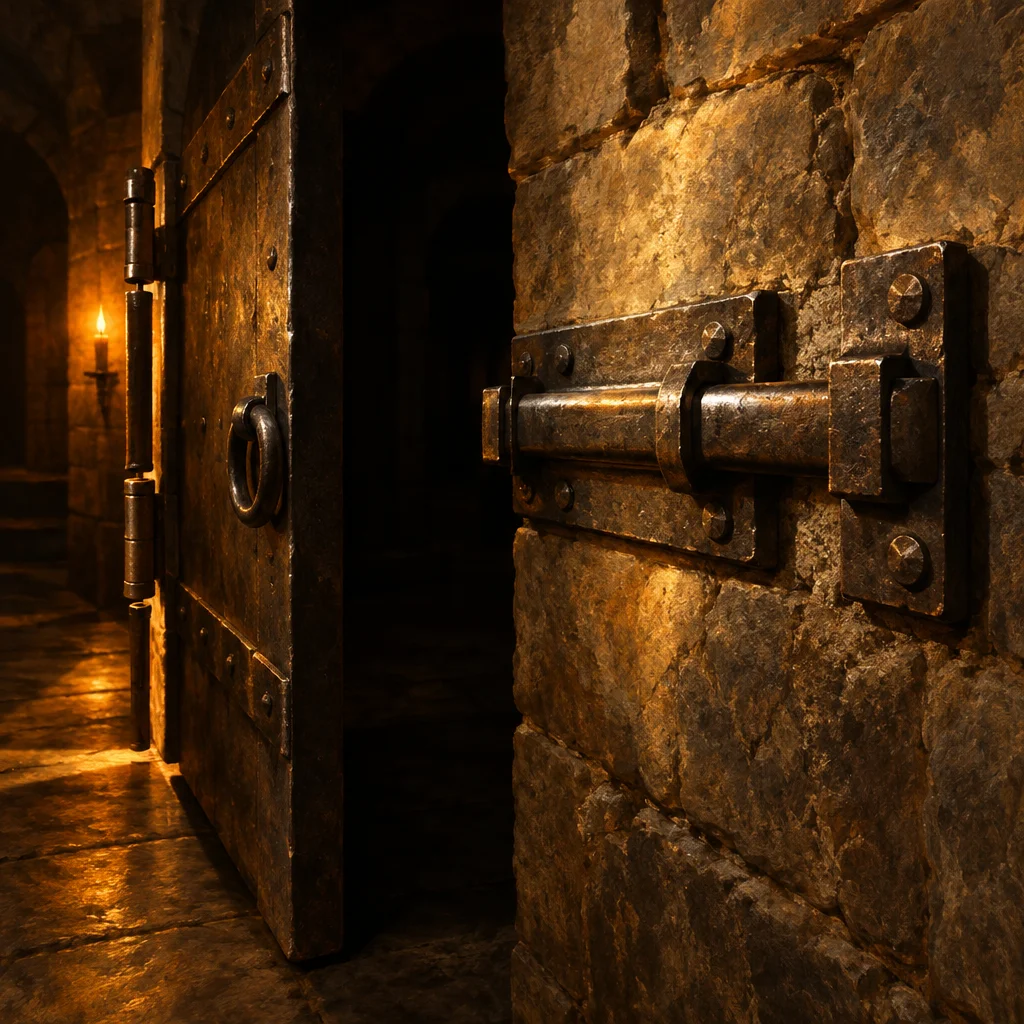 A close view of a thick iron sliding bolt pulled open from its wall-mounted keep on a rough stone wall, beside a massive iron-banded wooden dungeon door standing slightly ajar into darkness, lit by a single candle flame visible in the stone corridor beyond.