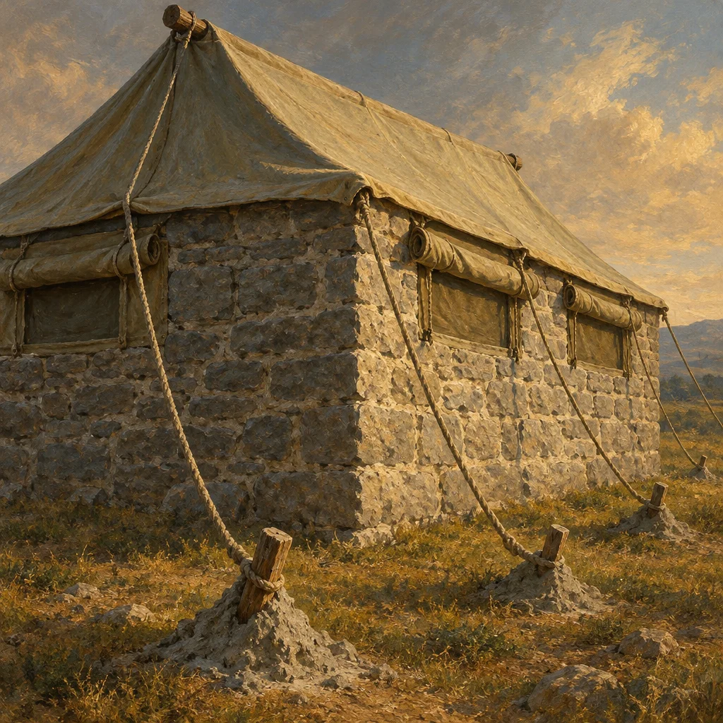 A large rectangular stone block building with small barred windows is topped by a canvas tent roof pulled taut by thick rope guy-lines staked into rocky ground, set against a warm golden sky with distant hills.