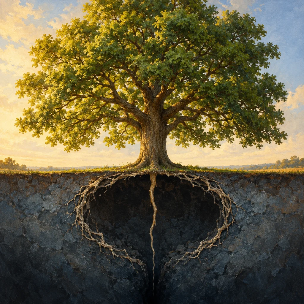 A large oak tree shown in cross-section with its full leafy canopy above a flat grassy horizon and its root system below ground forming two large circular loops that curl inward and reconnect at a single deep taproot descending into dark soil.