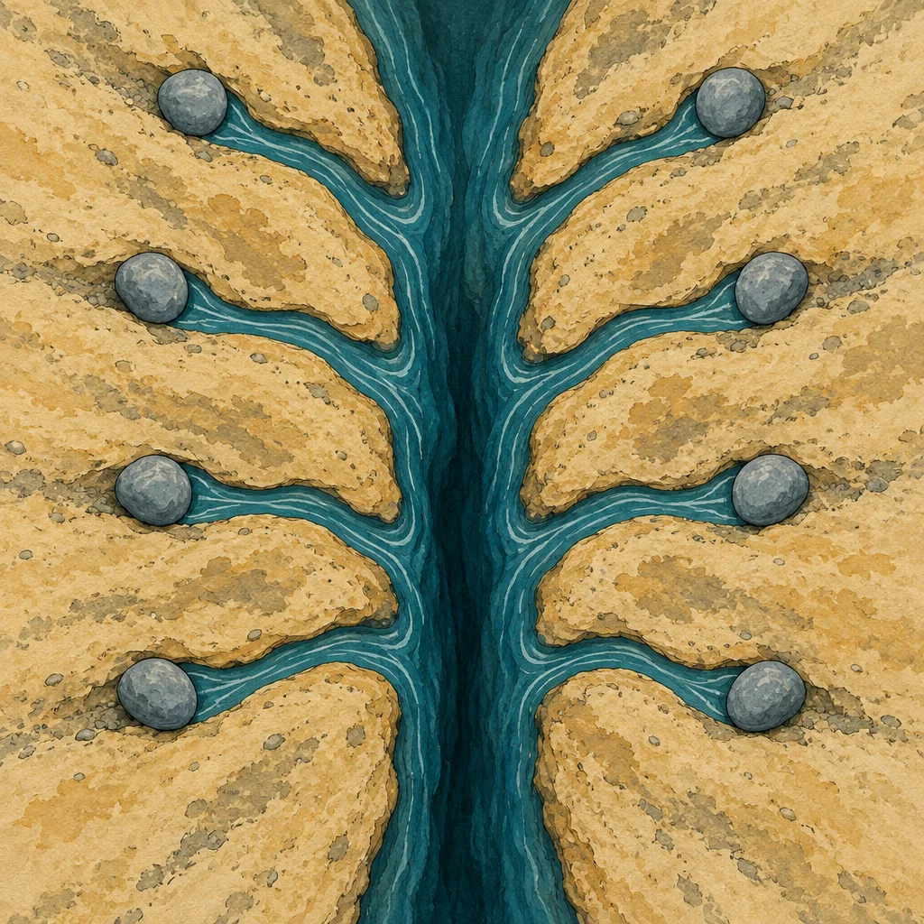 An aerial view of a sandy desert landscape carved with a deep central teal channel into which eight symmetrical branching tributaries converge, each branch ending in a round gray stone that plugs its terminus, the whole forming a tree-like drainage pattern that flows only inward toward the central trunk.