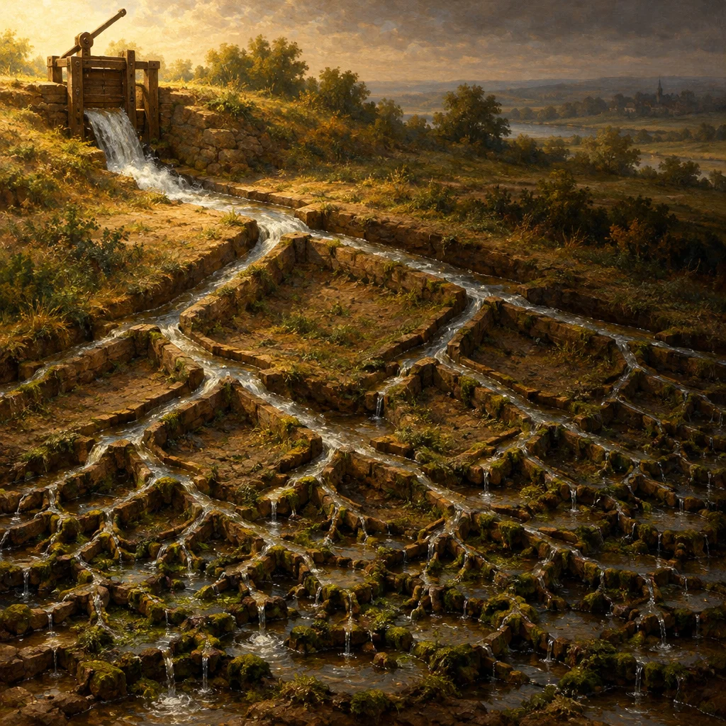 A wooden sluice gate at the top left releases a stream of water that splits and subdivides into dozens of stone-edged irrigation channels terracing down a sunlit hillside toward a distant pastoral landscape under a partly cloudy sky.